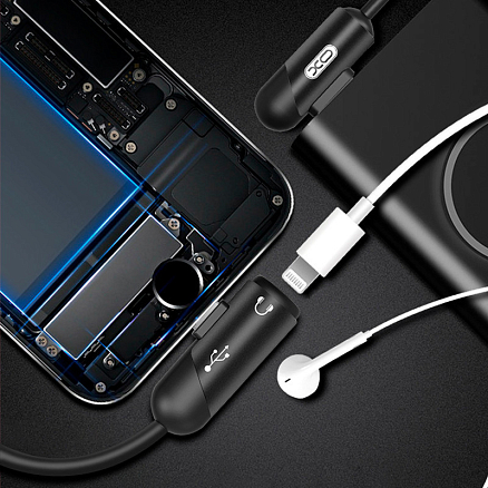 Кабель USB - Lightning для зарядки iPhone с аудиовходом Lightning 1 м 2.4А XO NB38 черный