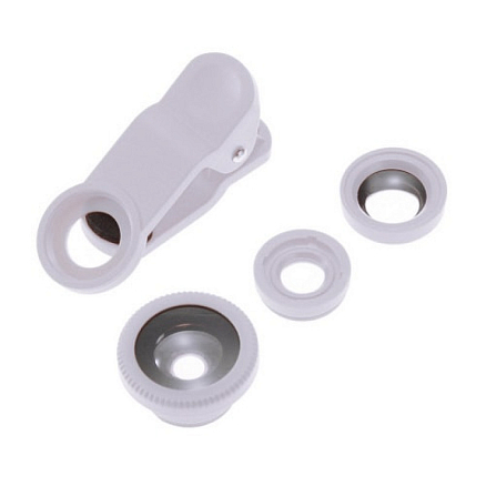 Объектив для телефона универсальный 3-в-1: Fisheye, Wide-Angle, Macro на прищепке белый