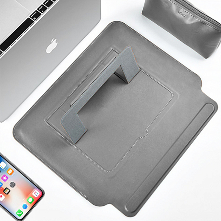 Чехол для Apple MacBook Air 13 (2018-2019) A1932, (2020) А2179, M1 (2020) A2337 кожаный футляр с подставкой WiWU Skin Pro Stand серый