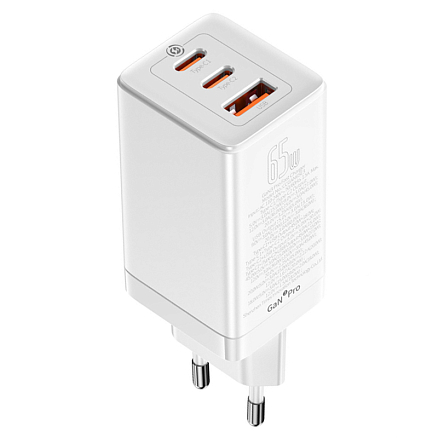 Зарядное устройство сетевое с USB и двумя Type-C входами 3А 65W Baseus GaN3 Pro (быстрая зарядка QC 4.0, 3.0, PD) белое