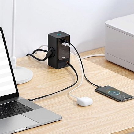 Сетевой фильтр на 2 розетки, USB, Type-C, с выдвижным кабелемType-C 65W GaN длина 1.5 м Baseus PSLR000301 PowerCombo (быстрая зарядка QC, PD) черный