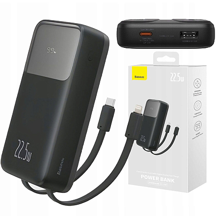 Внешний аккумулятор Baseus Comet Digital с встроенным кабелем 2хType-C 20000мАч (USB, Type-C, быстрая зарядка PD, QC, ток 2.4А, 22.5Вт) черный