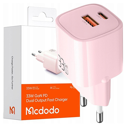 Зарядное устройство сетевое с USB и Type-C входами 33W GaN McDodo CH-0156 (быстрая зарядка PD, QC) розовое
