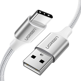 Кабель Type-C - USB 2.0 для зарядки 3 м 3А плетеный Ugreen US288 (быстрая зарядка QC 3.0) белый