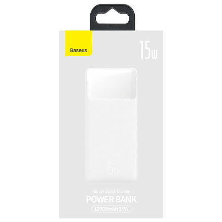 Внешний аккумулятор Baseus Bipow Digital с дисплеем 10000мАч (USB, Type-C, ток 3А, быстрая зарядка PD, QC 3.0, 15Вт) белый