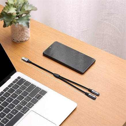 Разветвитель наушников Type-C - 2 х 3,5 мм (папа - мама, мама) 20 см плетеный Ugreen AV144 серо-черный