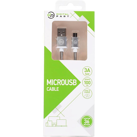 Кабель USB - MicroUSB для зарядки 1 м 3A плетеный Digitalpart MC-305 бело-серый