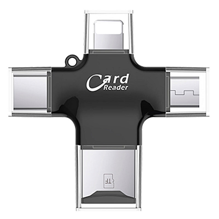 Картридер MicroSD 4-в-1 Lightning, Type-C, MicroUSB, USB iDragon U-010 черный