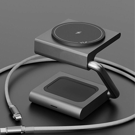 Беспроводная зарядка MagSafe 2-в-1 для телефона и наушников 15W 3A VLP Zen Charger (быстрая зарядка) серая