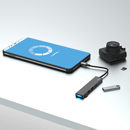 Хаб (разветвитель) Type-C - USB 3.0, 2 х USB 2.0 с картридером SD и MicroSD Ritmix CR-4314 серый