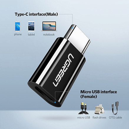 Переходник Type-C - MicroUSB (папа - мама) Ugreen US157 черный
