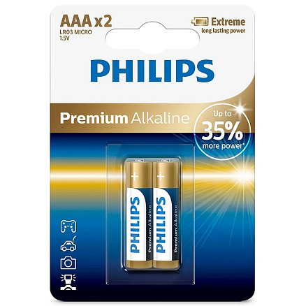 Батарейка LR03 (пальчиковая маленькая AAA) Philips Premium Alkaline LR03M2B/97 упаковка 2 шт.