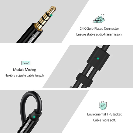 Переходник 3,5 мм 4 pin - 2 х 3,5 мм наушники и микрофон (папа - мама, мама) Ugreen AV141 черный