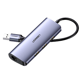 USB 3.0 HUB (разветвитель) на 3 порта + Gigabit Ethernet Ugreen CM252 с питанием MicroUSB серый