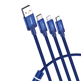 Кабель USB - MicroUSB, Lightning, Type-C 1,2 м 3.5A плетеный Baseus Data Faction синий