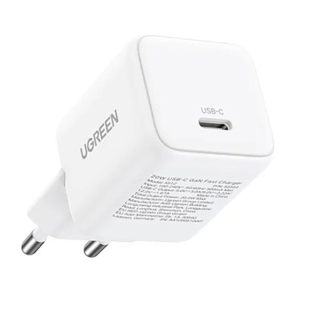 Зарядное устройство сетевое Type-C 20W Ugreen X512 Mini GaN (быстрая зарядка PD, QC) белое