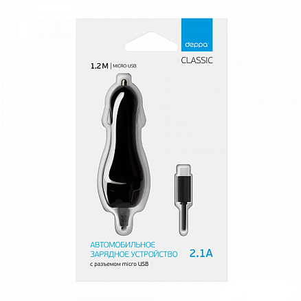 Зарядное устройство автомобильное 2.1A с MicroUSB кабелем 1,2 м Deppa 22124 черное