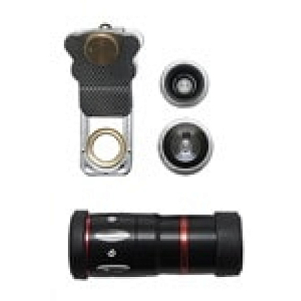 Объектив для телефона универсальный 4-в-1: Fisheye, Wide-Angle, Macro, Telephoto 10х на прищепке серебристый