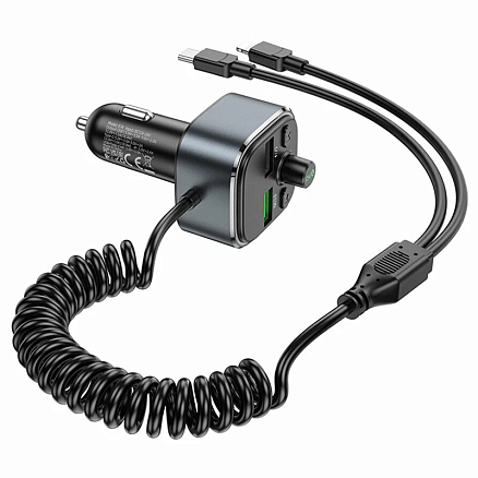 FM модулятор (трансмиттер) автомобильный с громкой связью, USB QC для зарядки и кабелем Type-C + Lightning Hoco E74 серый