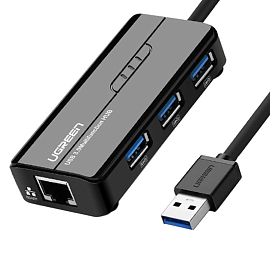 USB 3.0 HUB (разветвитель) на 3 порта + Gigabit Ethernet Ugreen Combo с питанием черный