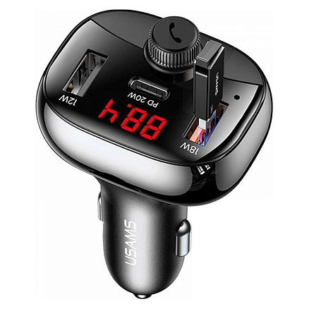 FM модулятор (трансмиттер) автомобильный Usams US-CC143 с громкой связью, двумя USB и Type-C (быстрая зарядка QC 3.0, PD) черный