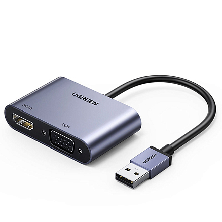Преобразователь USB 3.0 - HDMI, VGA (папа - мама, мама) с кабелем Ugreen CM449 серый