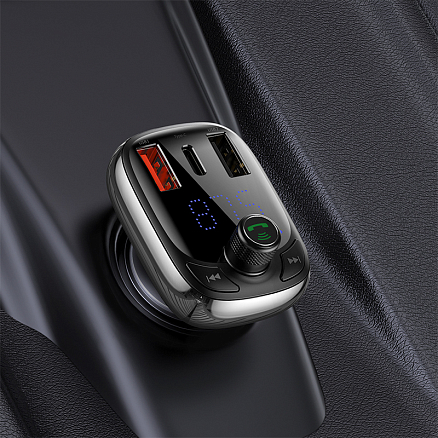 FM модулятор (трансмиттер) автомобильный Baseus S-13 с громкой связью, двумя USB (5A, Q.C 4.0) для зарядки и Type-C (PD 3.0) черный