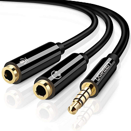 Переходник 3,5 мм 4 pin - 2 х 3,5 мм наушники и микрофон (папа - мама, мама) Ugreen AV141 черный