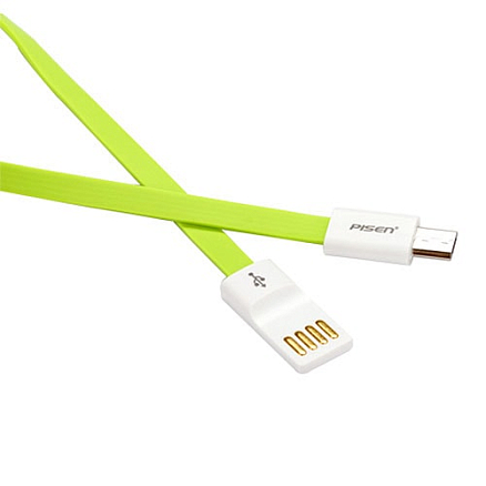 Кабель USB - MicroUSB для зарядки 0,8 м плоский Pisen (Пайсен) салатовый