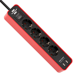 Сетевой фильтр на 4 розетки 2 USB 2.1A длина 1,5 м Brennenstuhl Ecolor красно-черный