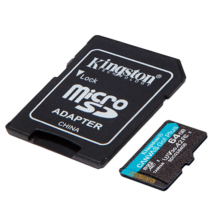 Карта памяти Kingston Canvas Go Plus MicroSDXC 64Gb UHS-I U3 V30 170 Мб/с с адаптером SD