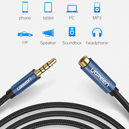 Кабель-удлинитель 3,5 мм - 3,5 мм (папа - мама) с поддержкой микрофона 2 м Ugreen AV118 черный