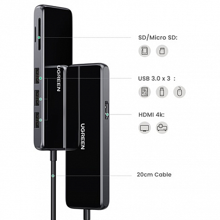 Хаб (разветвитель) Type-C - HDMI 4K 60Hz, 3 х USB 3.0, Type-C PD 100W с картридером SD и MicroSD Ugreen CM314 серый