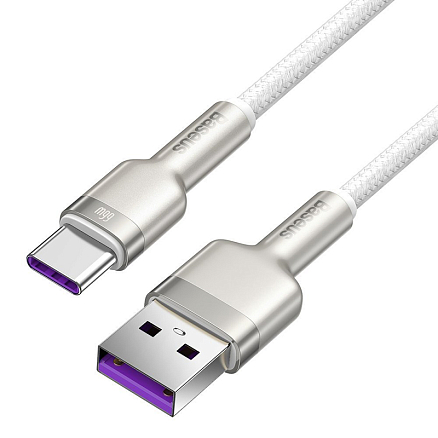Кабель Type-C - USB для зарядки 1 м плетеный 6А 66W Baseus Cafule Metal Data CAKF000102 (быстрая зарядка) белый