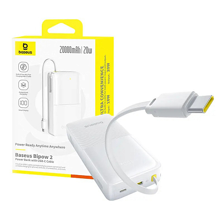 Внешний аккумулятор Baseus Bipow 2 Digital с встроенным кабелем Type-C 20000мАч (USB, Type-C, быстрая зарядка PD, QC, ток 2.4А, 20Вт) белый