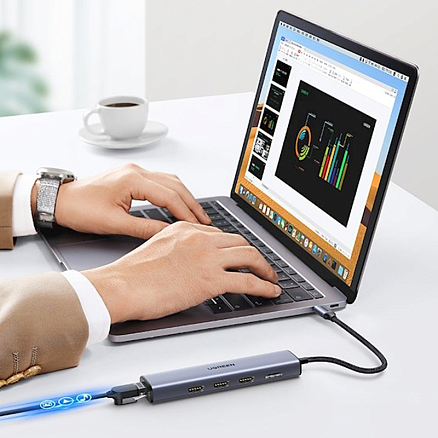 Хаб (разветвитель) Type-C - 3 х USB 3.0, HDMI 4K, RJ45 Ugreen CM475 серый