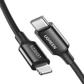 Кабель Type-C - Lightning для зарядки 1 м 3А 18W MFi Ugreen US171 (быстрая зарядка PD) черный