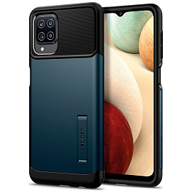 Чехол для Samsung Galaxy A12 гибридный с подставкой Spigen SGP Slim Armor черно-синий