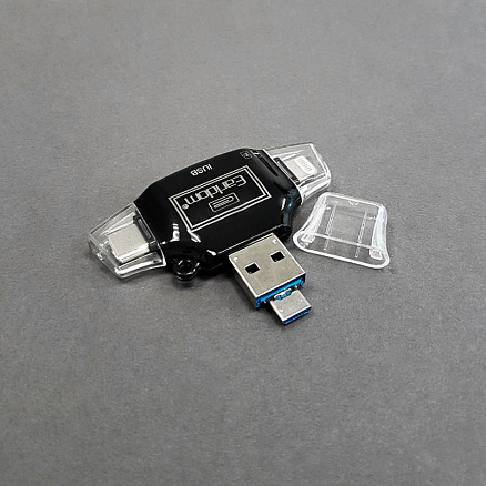 Картридер MicroSD 4-в-1 Lightning, Type-C, MicroUSB, USB Earldom ET-0T31 черный