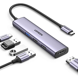 Хаб (разветвитель) Type-C - HDMI 4K 30Hz, 1 х USB 3.0, 2 х USB 2.0, Type-C PD 100W Ugreen CM478-15495 серый