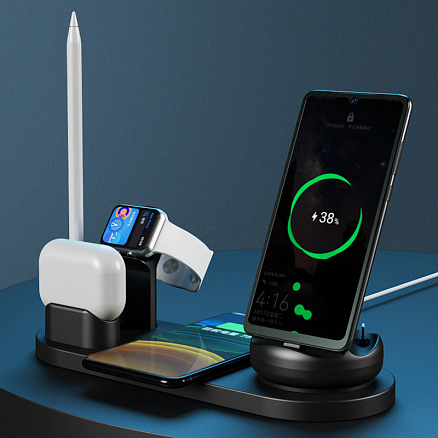 Беспроводная зарядка 7-в-1 для двух телефонов, Apple Watch, AirPods и Apple Pencil 10W c двумя USB портами SeenDa WS15 черная
