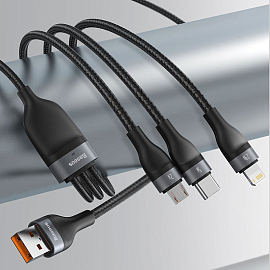 Кабель USB - Lightning, MicroUSB, Type-C 1,2 м 5A 66W плетеный Baseus Flash (быстрая зарядка) черный