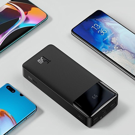 Внешний аккумулятор Baseus Bipow Digital с дисплеем 20000мАч (USB, Type-C, ток 3А, быстрая зарядка PD, QC 3.0, 15Вт) черный