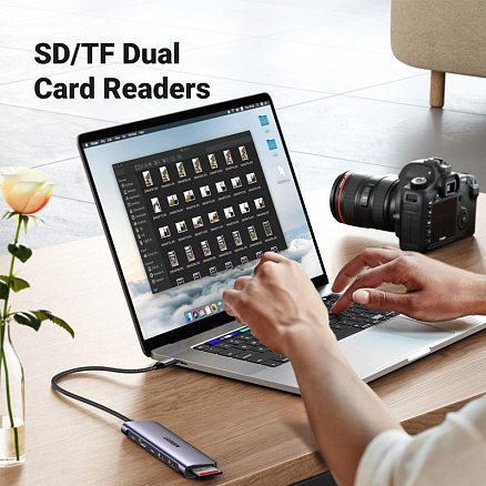 Хаб (разветвитель) Type-C - HDMI 4K 30Hz, 2 х USB 3.0, Type-C, Type-C PD 100W с картридером SD и MicroSD Ugreen CM195-15214 серый