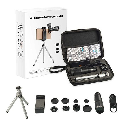Объектив для телефона универсальный 4-в-1: Telephoto 22Х, Fisheye, Wide-Angle, Macro Apexel APL-22 + штатив для телефона