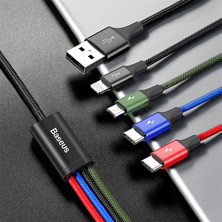 Кабель USB - Lightning, MicroUSB, 2 х Type-C 1,2 м 3.5A плетеный Baseus Rapid черный