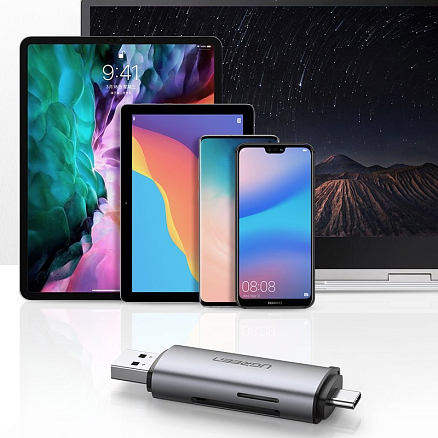 Картридер USB 3.0, Type-C для SD, MicroSD Ugreen CM185 серебристый