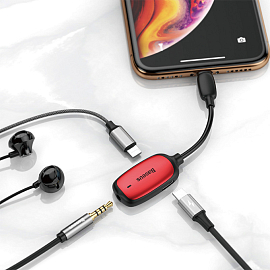 Переходник Lightning - 3,5 мм, 2 х Lightning (папа - мама, мама) Baseus L51 черно-красный