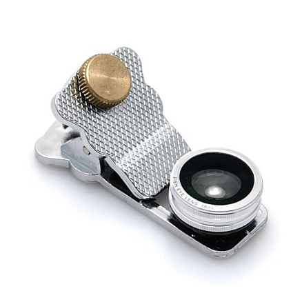 Объектив для телефона универсальный 4-в-1: Fisheye, Wide-Angle, Macro, Telephoto 10х на прищепке серебристый
