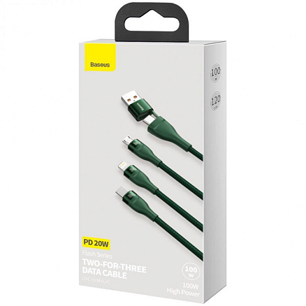 Кабель USB, Type-C - MicroUSB, Lightning, Type-C для зарядки 1,2 м 100W плетеный Baseus Flash Series зеленый